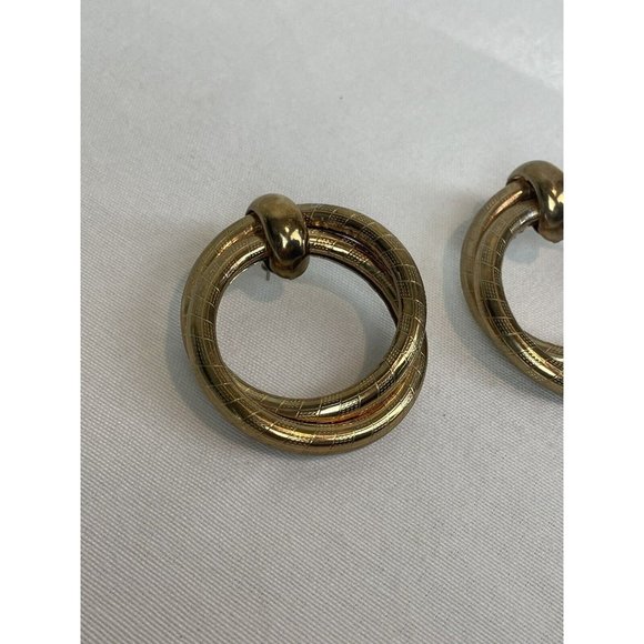 Vintage Extra-Large Hoop Earrings Gold Tone Pierced Statement Etched Brass - Picture 3 of 9